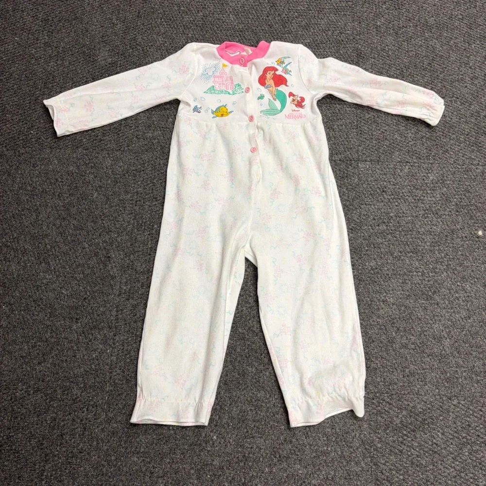 Vintage Disney The Little Mermaid Ariel Sleeper Pajamas White Pink Girls